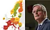 Split image of Prime Minister Michel Barnier and a map of european debt by GDP