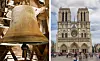 A split view of a bell inside Notre-Dame, and a view of the cathedral from the front