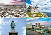 Four pictures: Sunset view of Quebec, Statue of Henry Hudson, View of Rose Blanche lighthouse, View of Louisiana New Orleans skyline