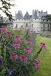 A French castle sits behind a lush lawn and flowerbed
