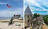 A split image of one view of the D-Day beaches, and a close-up of some Carcassonne ramparts