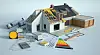 A model of a house with construction items, a calculator, and DPE rating on a table