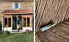 Split image of Rachel Moody outside her house in France with hunters bullet