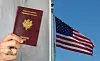 A split image of a French passport and a US flag