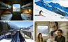 A four-part image showing interiors of the Night Express, an Alps station, and skiing in Val Thorens