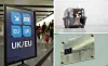 Three way split image of UK/EU border, dog in a travel cage and Erasmus+ logo