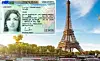 French residence card graphic overlaid on a bright Eiffel Tower riverside scene in Paris