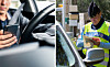 Split image of a driver using a phone and a gendarme checking documents at the roadside.