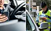 Split image of a driver using a phone and a gendarme checking documents at the roadside.