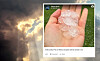 Hand holding large hailstones shown in a social media post over stormy sky background
