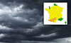 Dark storm clouds with a small weather map inset in the top-right corner.