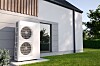 3D illustration of an air source heat pump beside a modern house.
