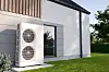 3D illustration of an air source heat pump beside a modern house.