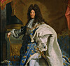 Painted portrait of a royal figure in elaborate dress holding a sword in an ornate interior.