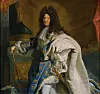Painted portrait of a royal figure in elaborate dress holding a sword in an ornate interior.