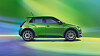Green compact SUV, Renault 5 E-Tech, in side view on a colourful gradient background.