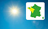 Sun flare on a blue background next to a coloured map of France.