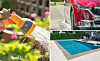 Garden hose watering plants, with a red car and a backyard swimming pool shown in adjacent panels.