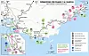 Map showing offshore wind farm phases, routes, markers and a legend along the New England coast.