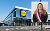 Exterior of a Lidl supermarket with logo and a portrait inset in the top right.