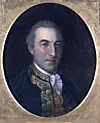 Oval painted portrait of a man in a decorated military uniform against a dark background.