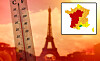 Thermometer beside the Eiffel Tower silhouette with a heat map inset on an orange background.
