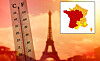 Eiffel Tower silhouette at sunset with a thermometer in the foreground and a France heat map inset.