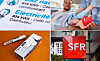 Four-panel collage featuring a hospital donation scene, medical leaflet, cigarette pack with injector, and SFR sign.