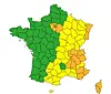 Colour-coded map of France with regions in green, yellow and orange and Corsica inset at bottom right.