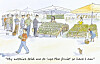 Illustration of a market stall with fruit displays, shoppers, and signs reading citrus and oranges.
