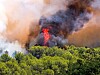 Wildfire with flames and thick smoke rising above green woodland near Aubais, France.