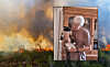 Wildfire smoke and flames in the background, with an inset of an older woman holding a cat inside a home.