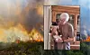 Wildfire smoke and flames in the background, with an inset of an older woman holding a cat inside a home.