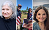 Three-panel image with two portrait headshots and two people holding an American flag outdoors.