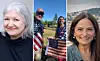Three-panel image with two portrait headshots and two people holding an American flag outdoors.