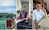 Three-panel collage showing an outdoor lakeside scene and two indoor portraits of people at home.