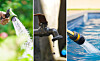 Close-up views of water pouring from taps and a hose into a pool.