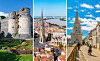 Three-panel collage of a fortress, city skyline with cathedral, and a riverside street with a tower.