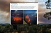 Smoke rises over a rural landscape, with a social media post about the Trévillach wildfire shown on screen.