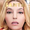 Close-up portrait of a blonde woman with the word 'SANTA' overlaid across her forehead.