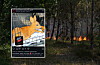 Forest fire with flames among trees and a social media post overlay showing a fox illustration.