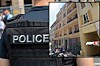 Close-up of a black police vest marked “POLICE”, with a Paris street scene inset.