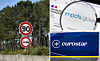 Collage of French road signs, the impots.gouv website and Eurostar branding.