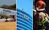 Composite showing a commercial aircraft, an EDF building and a firefighter in protective gear