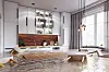 Floodwater covers the floor of a modern kitchen beneath white cabinets and large windows.