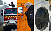 Triptych showing a fire engine, a person using an orange locker and a ventilation unit fan.