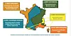 Diagram map of France showing its main climate regions in different colours