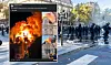 Composite showing a burning scene beside police and crowds on a city street