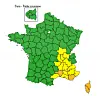 Colour-coded map of France with green departments, yellow areas in the southeast and a Paris inset.